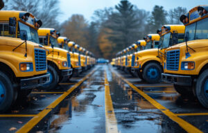 school buses parked in long row. row of parked school buses ready to pick up students